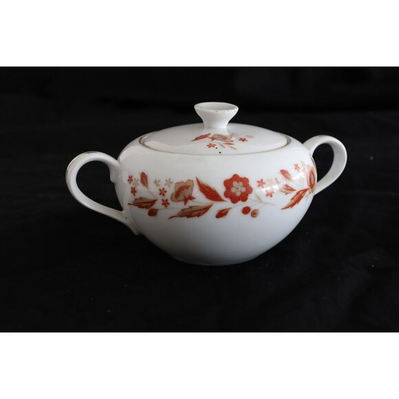Vintage China Sugar Bowl & Lid Ming Ti By Dolphin Orange Flowers On Edge - Picture 1 of 8